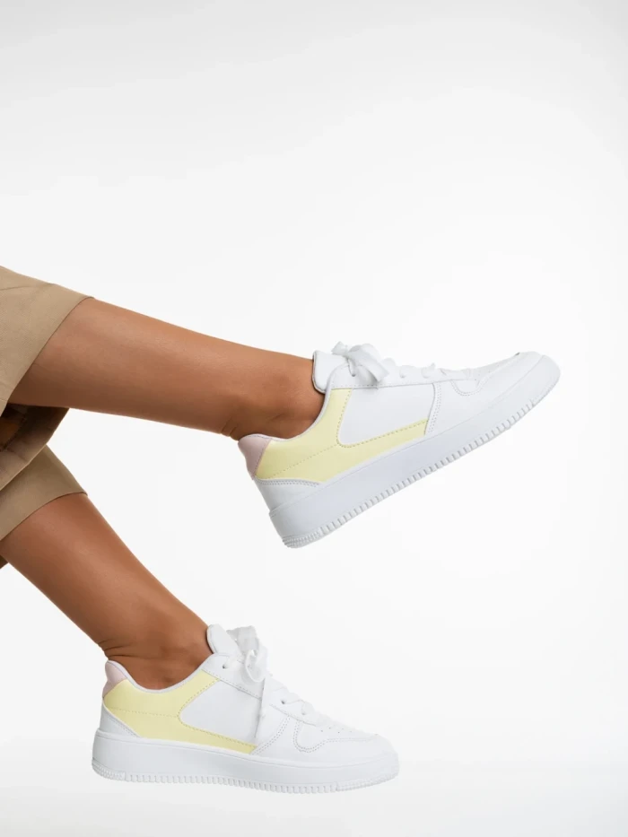 Pantofi sport dama albi cu galben din piele ecologia Sameria