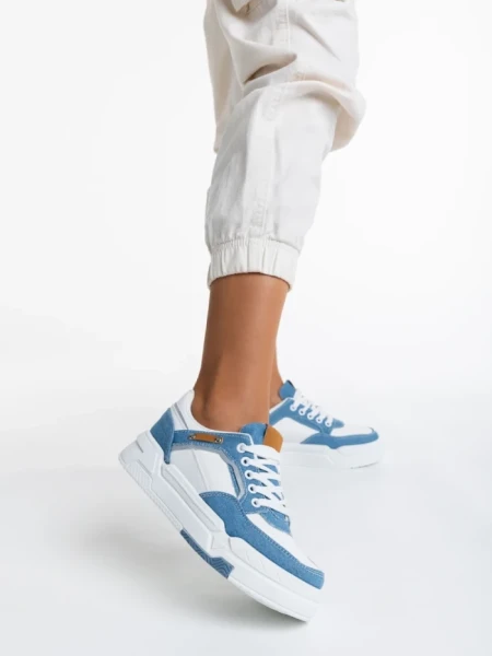 Pantofi sport dama albi cu albastru deschis din piele ecologica Tasnia