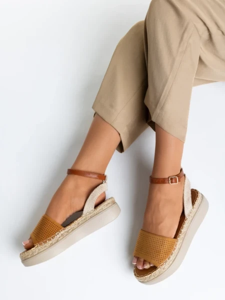 Sandale dama camel din piele ecologica si material textil Lainie