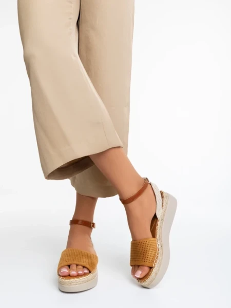 Sandale dama camel din piele ecologica si material textil Lainie