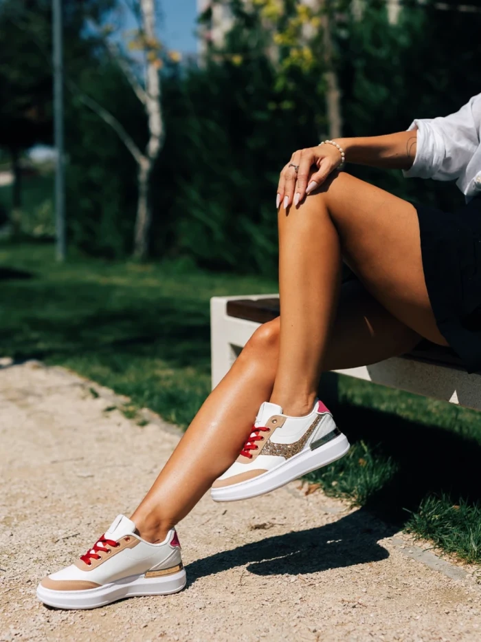 Pantofi sport dama albi cu auriu din piele ecologica Samya