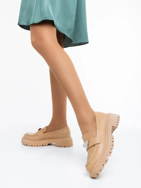 Mocasini dama bej inchis din piele ecologica Monifa