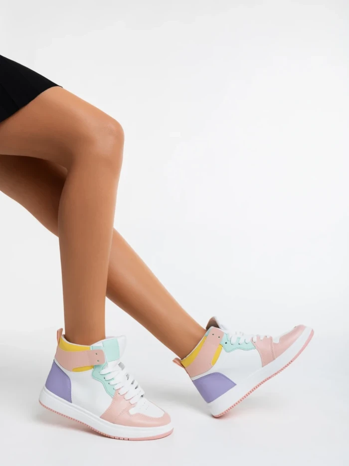 Pantofi sport dama albi cu roz din piele ecologica Saskia