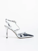 Pantofi dama argintii cu toc din piele ecologica lacuita Laelia