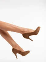 Pantofi dama khaki cu toc din material textil Neelima