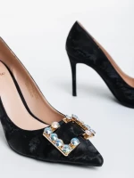Pantofi dama negri cu toc din material textil Georgyna