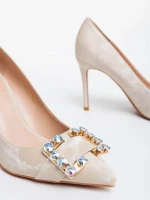 Pantofi dama bej cu toc din material textil Georgyna