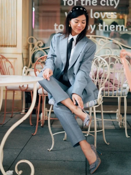 Pantofi dama albastri cu toc din material textil Elsabeth