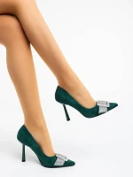 Pantofi dama verzi cu toc din material textil Tiphanie