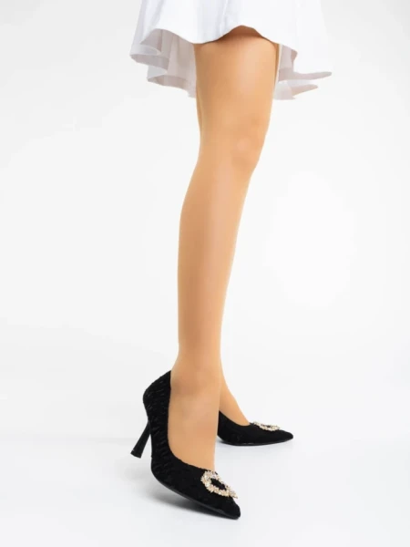 Pantofi dama negri cu toc din material textil Aneisha