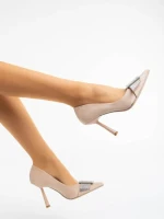 Pantofi dama bej cu toc din material textil Tiphanie