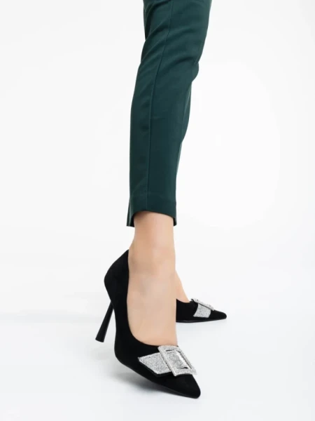 Pantofi dama negri cu toc din material textil Tiphanie