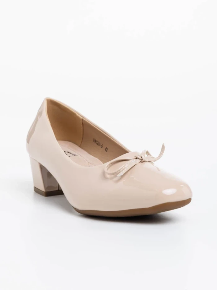 Pantofi dama bej cu toc din piele ecologica lacuita Natacha