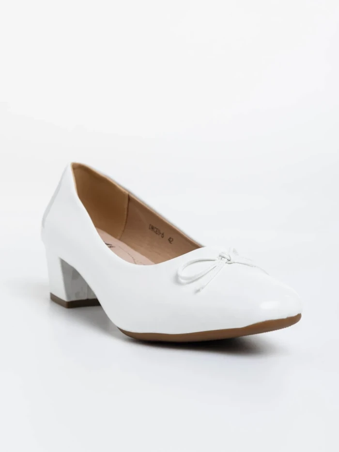 Pantofi dama albi cu toc din piele ecologica lacuita Natacha