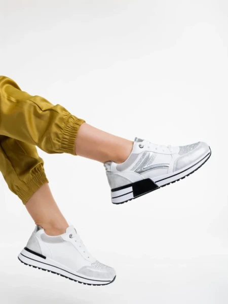 Pantofi sport dama albi din material textil si piele ecologica Ravenna