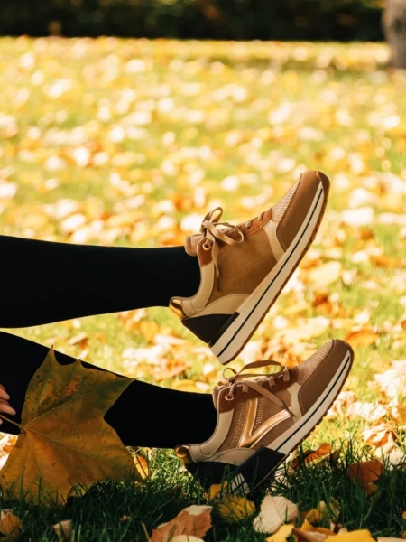 Pantofi sport dama bej inchis din material si piele ecologica textil Ravenna