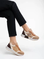 Pantofi sport dama bej inchis din material si piele ecologica textil Ravenna