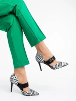 Pantofi dama albi cu negru cu toc din material textil Sadiya