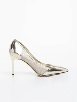 Pantofi dama aurii cu toc din piele ecologica si material textil Tanishka