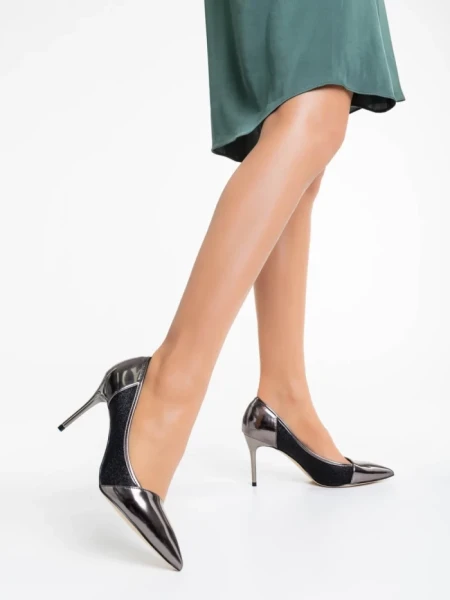 Pantofi dama argintii inchis cu toc din piele ecologica si material textil Tanishka