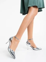 Pantofi dama argintii cu toc din piele ecologica Shanza