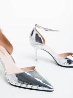 Pantofi dama argintii cu toc din piele ecologica Shanza