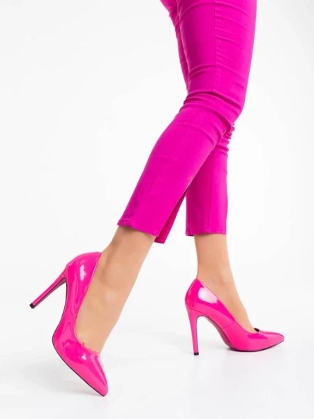 Pantofi dama fucsia cu toc din piele ecologica lacuita Shanessa