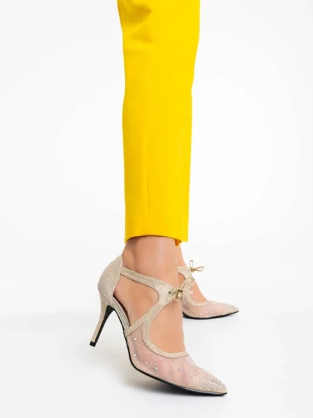 Pantofi dama aurii cu toc din material textil Tinara