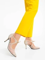 Pantofi dama aurii cu toc din material textil Tinara