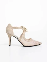 Pantofi dama aurii cu toc din material textil Tinara