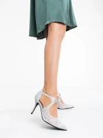 Pantofi dama argintii cu toc din material textil Tinara