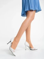 Pantofi dama albi cu toc din material textil si piele ecologica Orella