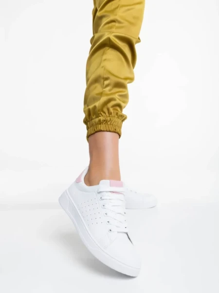 Pantofi sport dama albi cu roz din piele ecologica Rasine