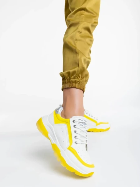 Pantofi sport dama albi cu galben din piele ecologica Mona