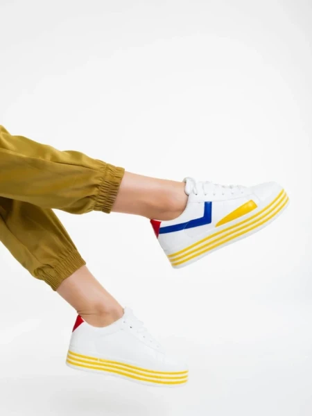 Pantofi sport dama albi cu galben din piele ecologica Gratiela
