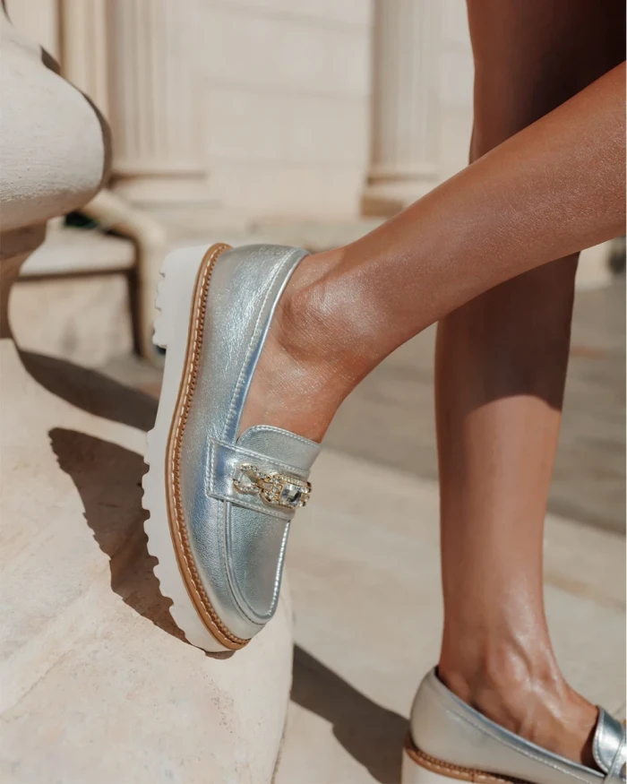 Mocasini dama argintii din piele ecologica Jenima