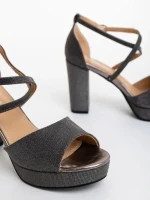 Sandale dama negre cu toc din material textil Elinta