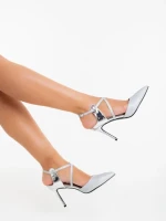 Sandale dama cu toc argintii din piele ecologica lacuita Oliara