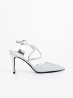 Sandale dama cu toc argintii din piele ecologica lacuita Oliara