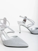 Sandale dama cu toc argintii din piele ecologica lacuita Oliara