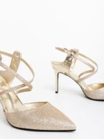 Sandale dama cu toc aurii din piele ecologica lacuita Oliara