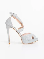 Sandale dama cu toc argintii din material textil Morita