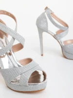 Sandale dama cu toc argintii din material textil Morita