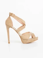 Sandale dama cu toc aurii din material textil Morita