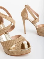 Sandale dama cu toc aurii din material textil Morita
