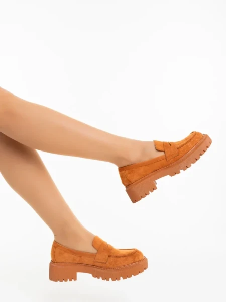 Mocasini dama camel din material textil Nobara