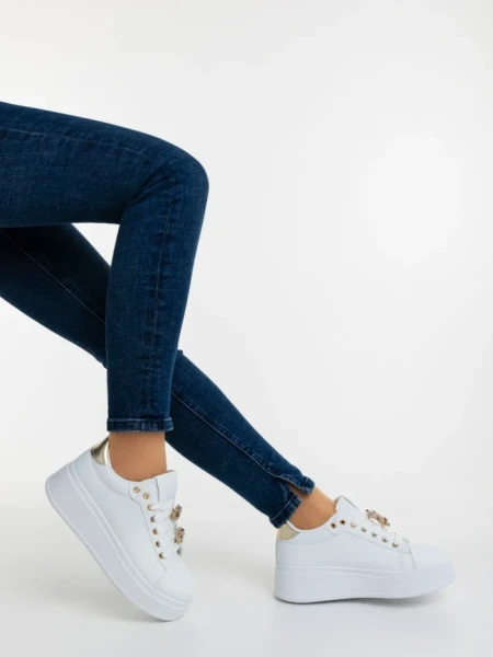 Pantofi sport dama albi cu auriu din piele ecologica Lovely