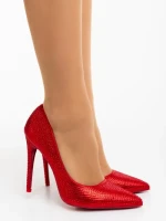 Pantofi dama cu toc rosii din material textil Zosia