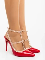 Pantofi dama cu toc rosii din piele ecologica lacuita Delaine