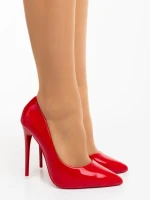Pantofi dama cu toc rosii din piele ecologica lacuita Sheba